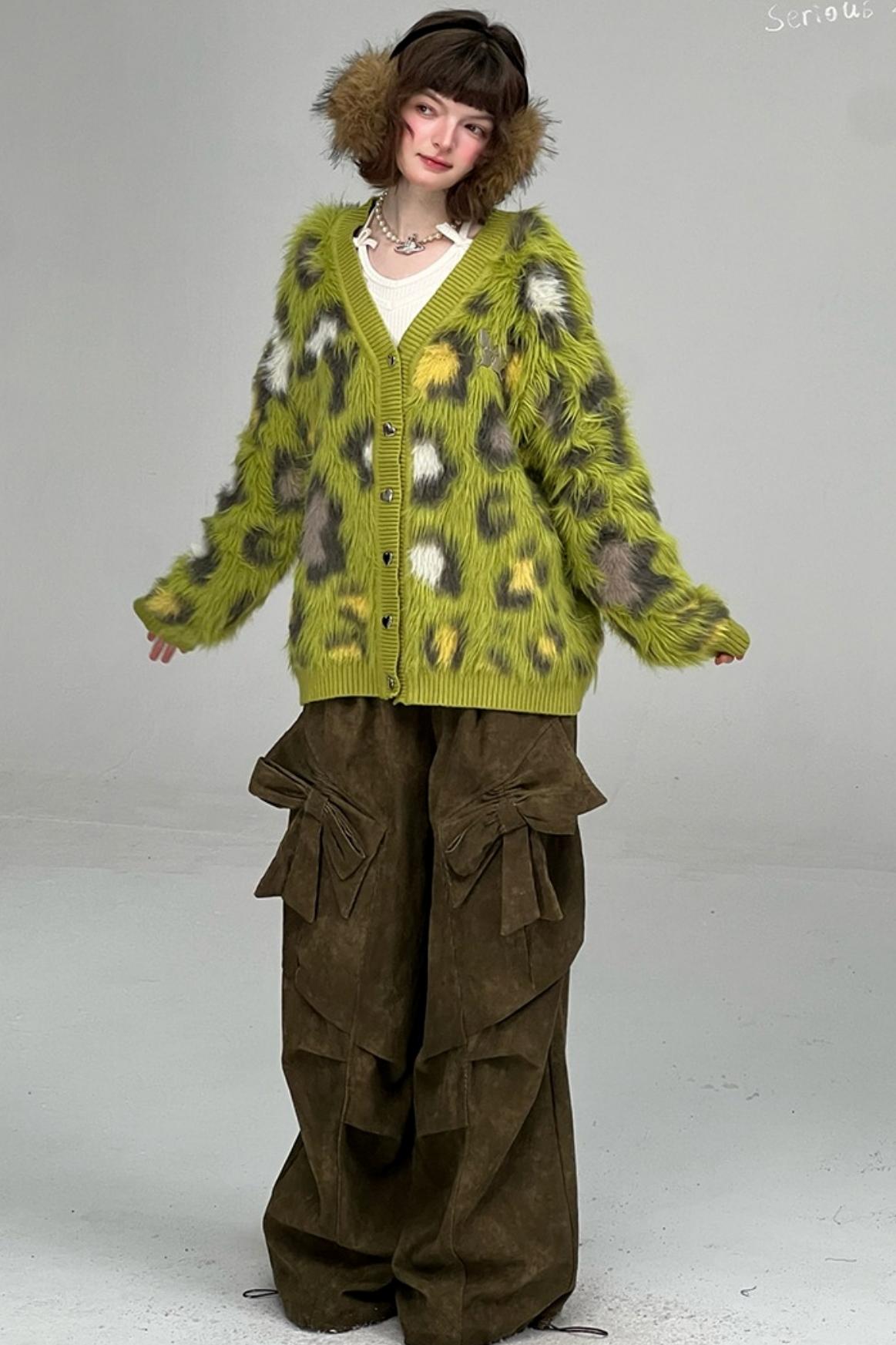 Autumn Glutinous Green Leopard Cardigan