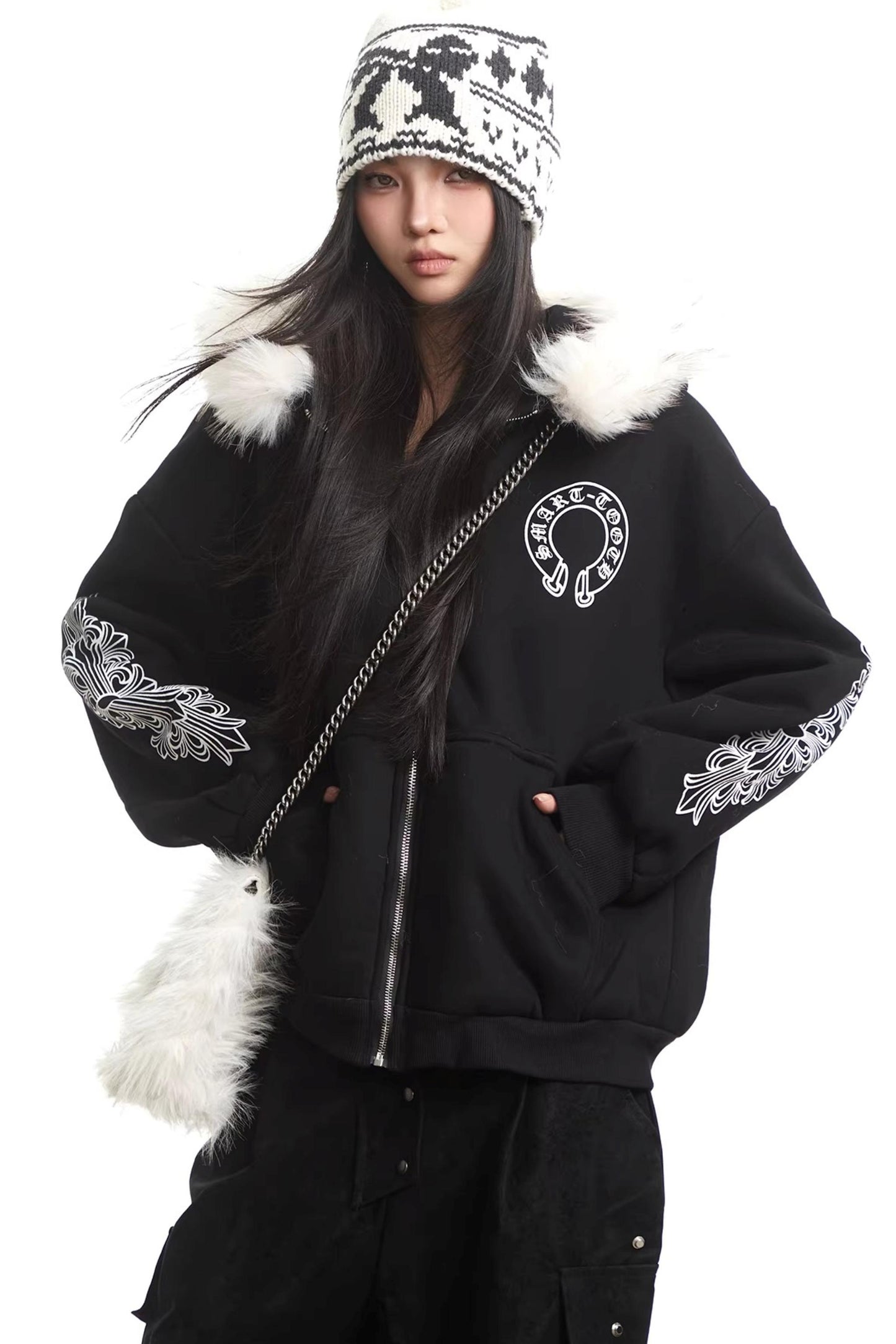 Printed Fur Collar Hooded Jacket