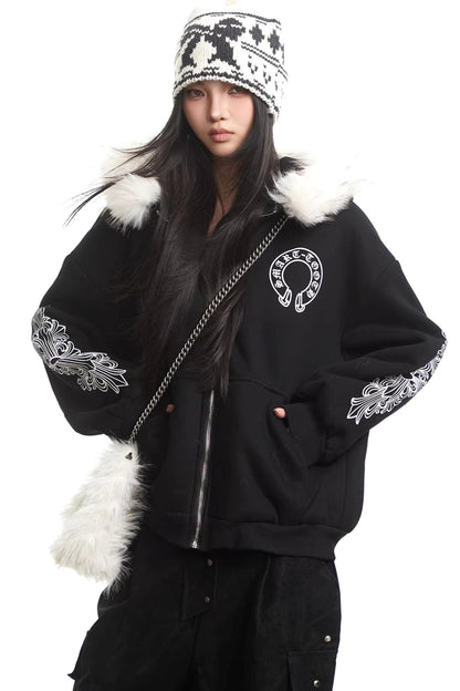 Printed Fur Collar Hooded Jacket