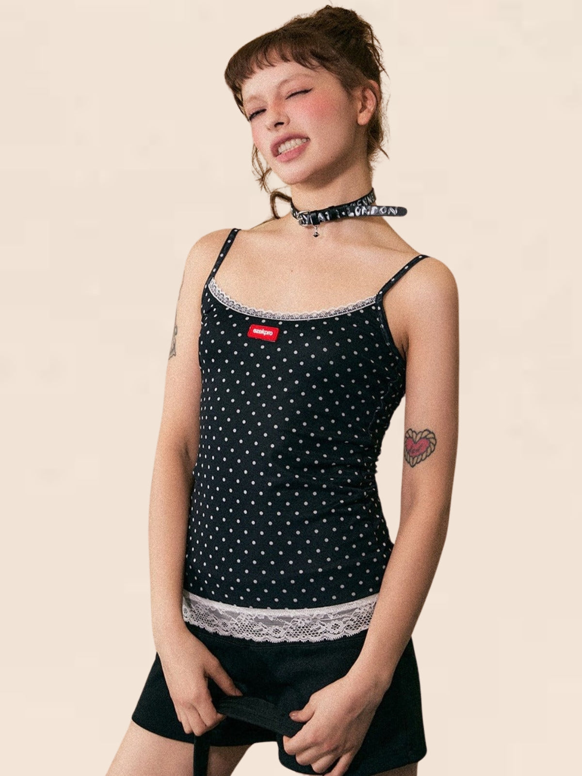 Lace-Stitched Polka Dot Camisole Top