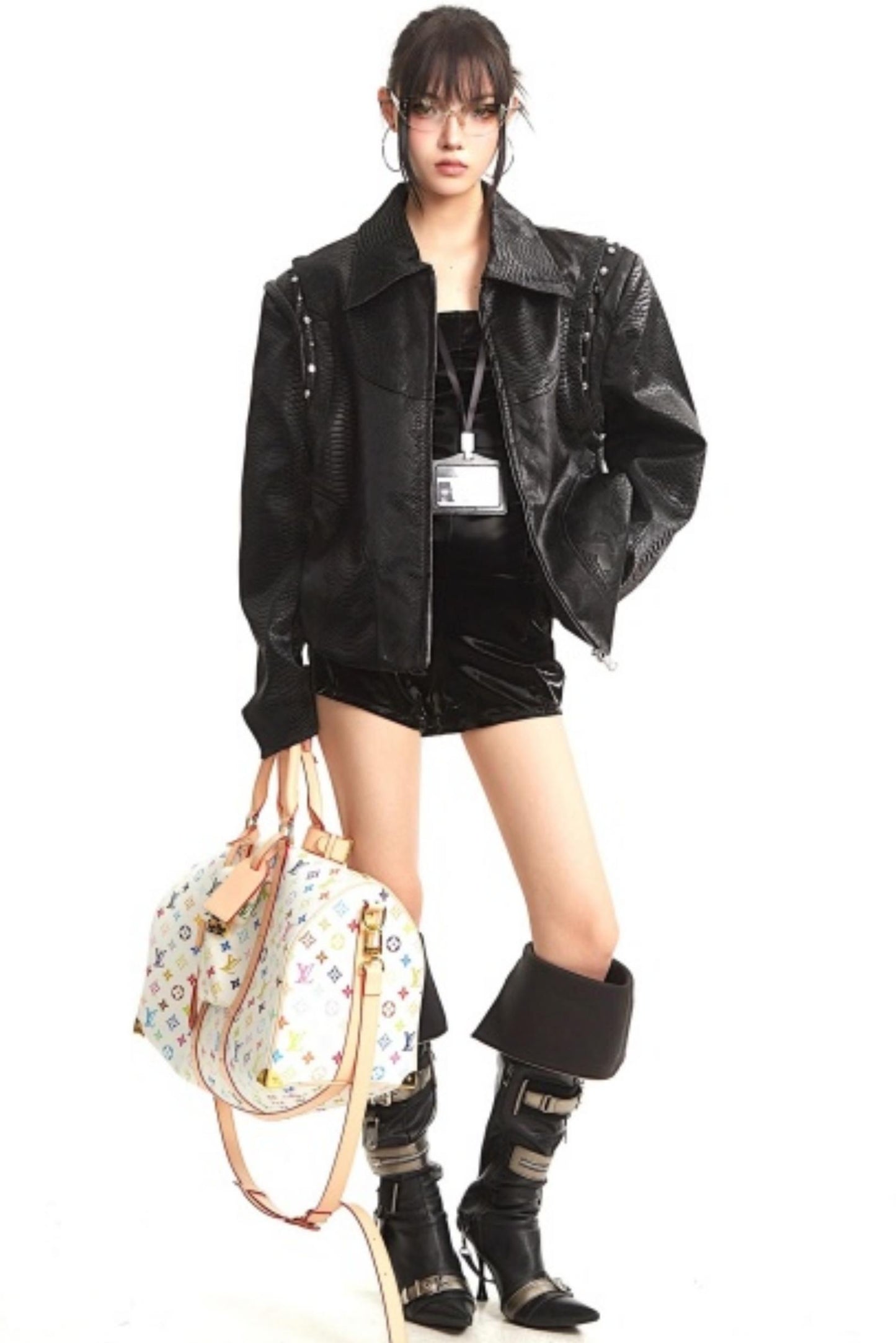 Retro Shoulder-Padded Leather Jacket