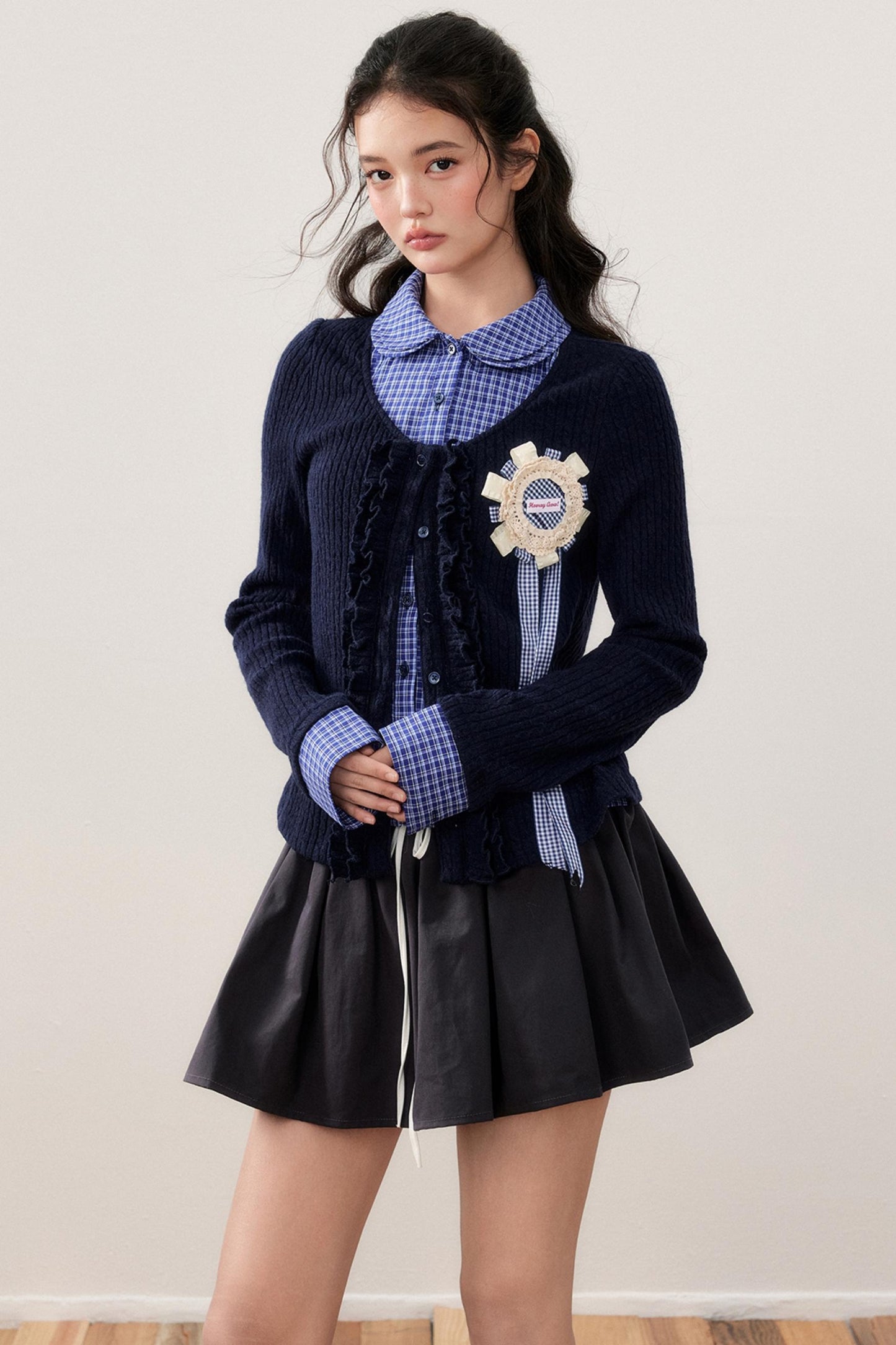 Layered Plaid Knit Patchwork Shirt