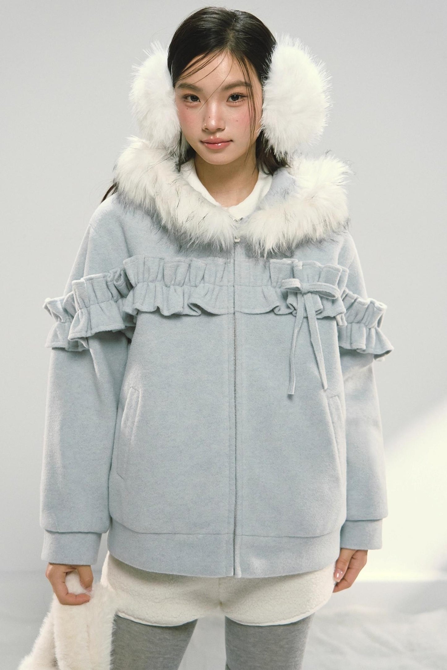 Pink Lace Fur Hooded Tweed Jacket