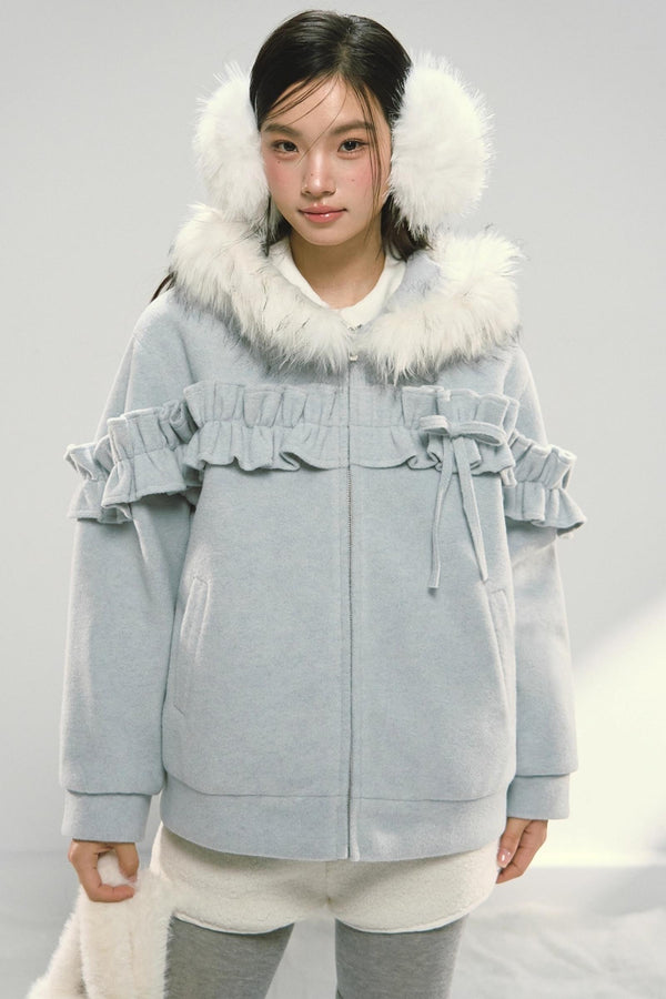 Pink Lace Fur Hooded Tweed Jacket