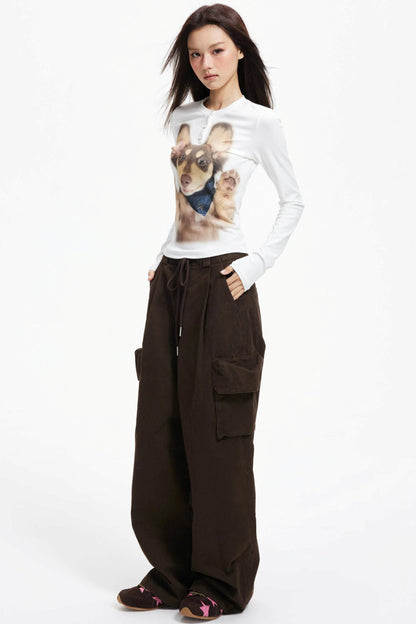 Puppy Print Crew Neck Knit Slim Top