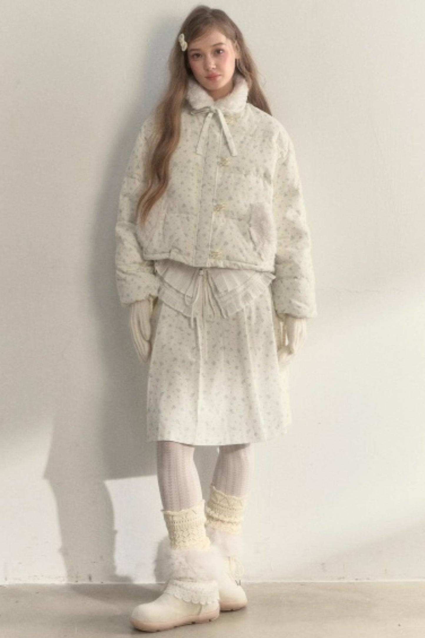 Floral Corduroy Pleated Jacket Set-Up