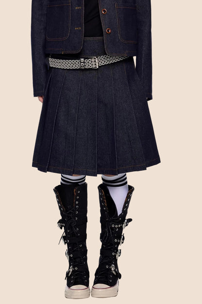 Retro Denim Faltenrock Anzug Set