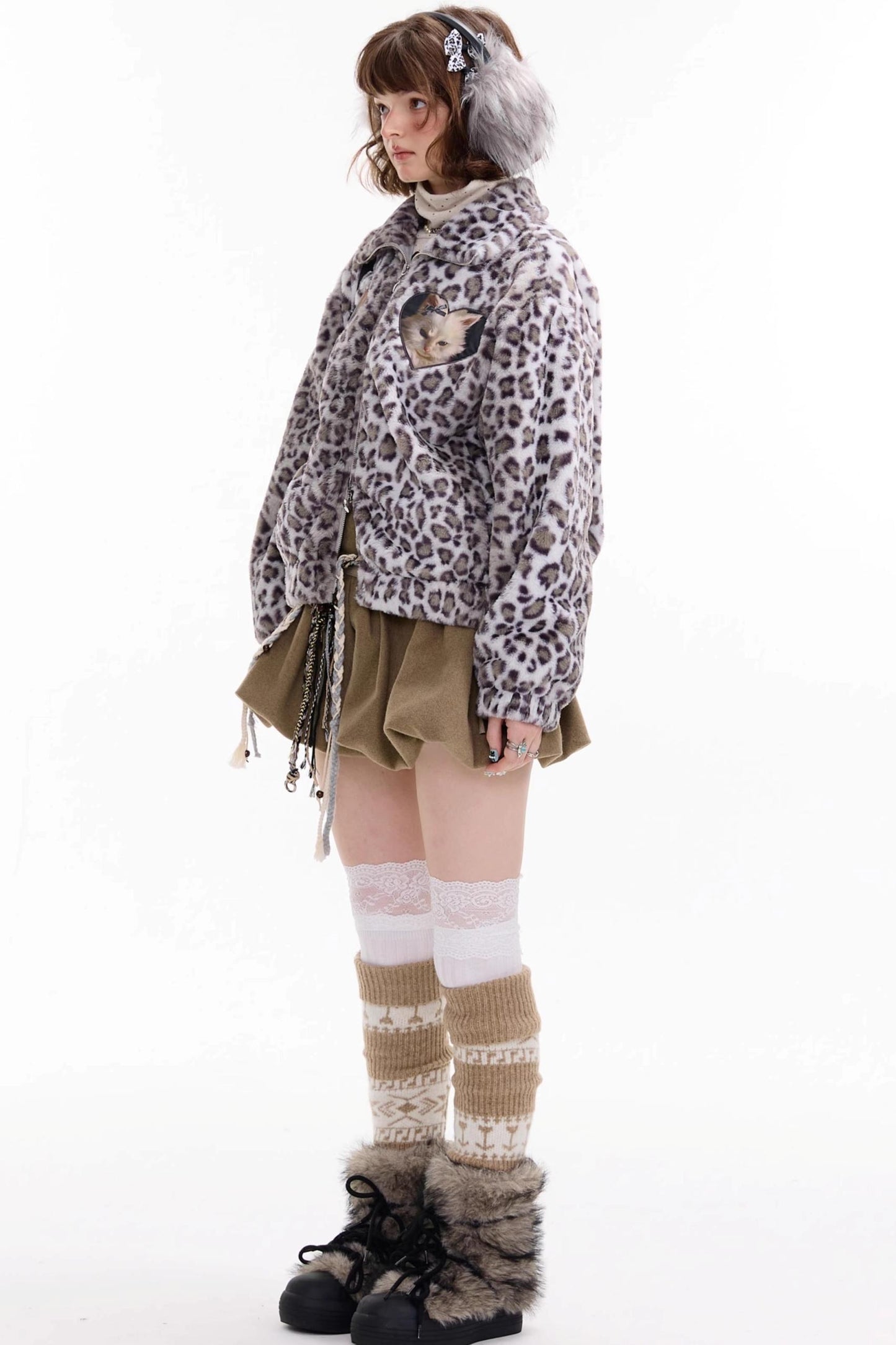 Winter Cat Print Fluffy Coat