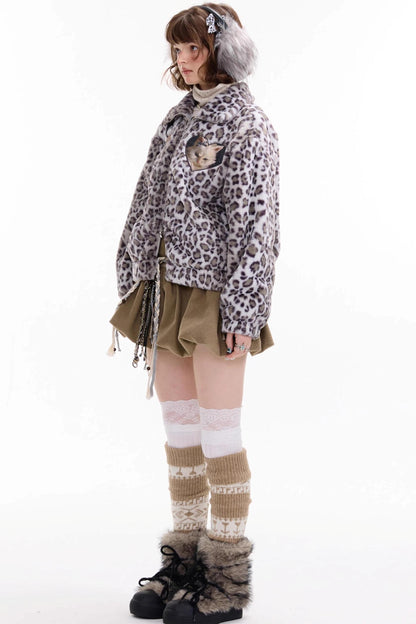 Winter Cat Print Fluffy Coat