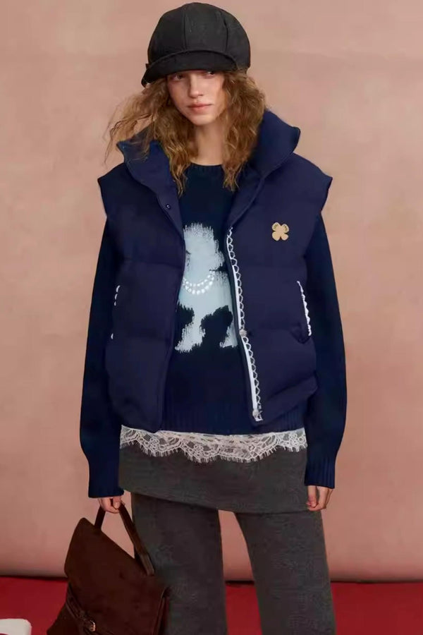 Lace Patchwork Stand Collar Puffer Vest