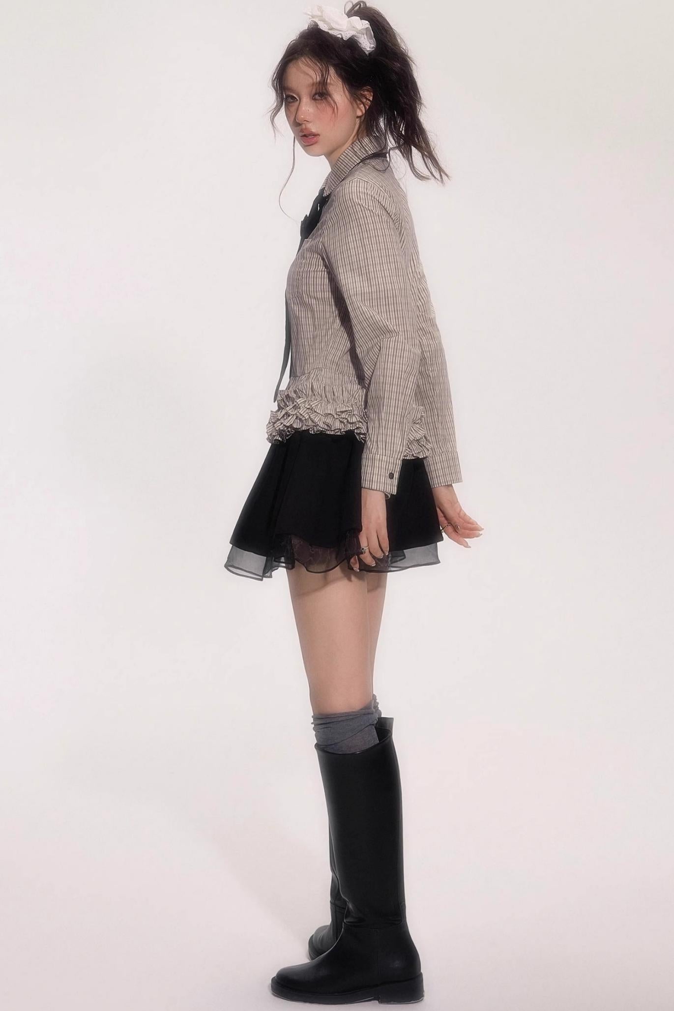 Flower Hem Shirt With Tie Set-Up