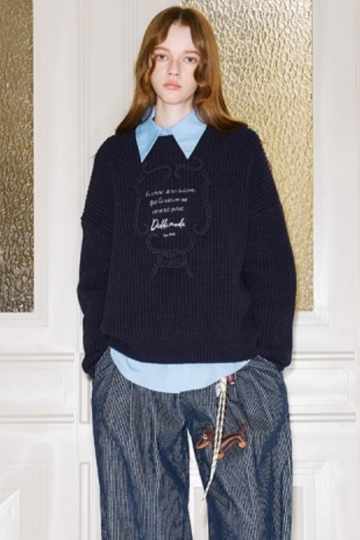 Ribbon Embroidery Crew Neck Sweater