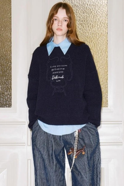 Ribbon Embroidery Crew Neck Sweater