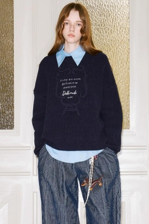 Ribbon Embroidery Crew Neck Sweater