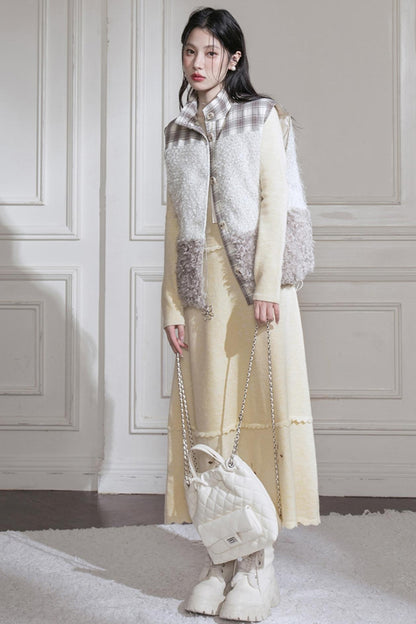 Cream Gray Lace Wool Dress