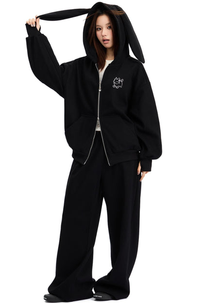 Bunny Ears Hooded Cardigan & Wide Pants Set-Up