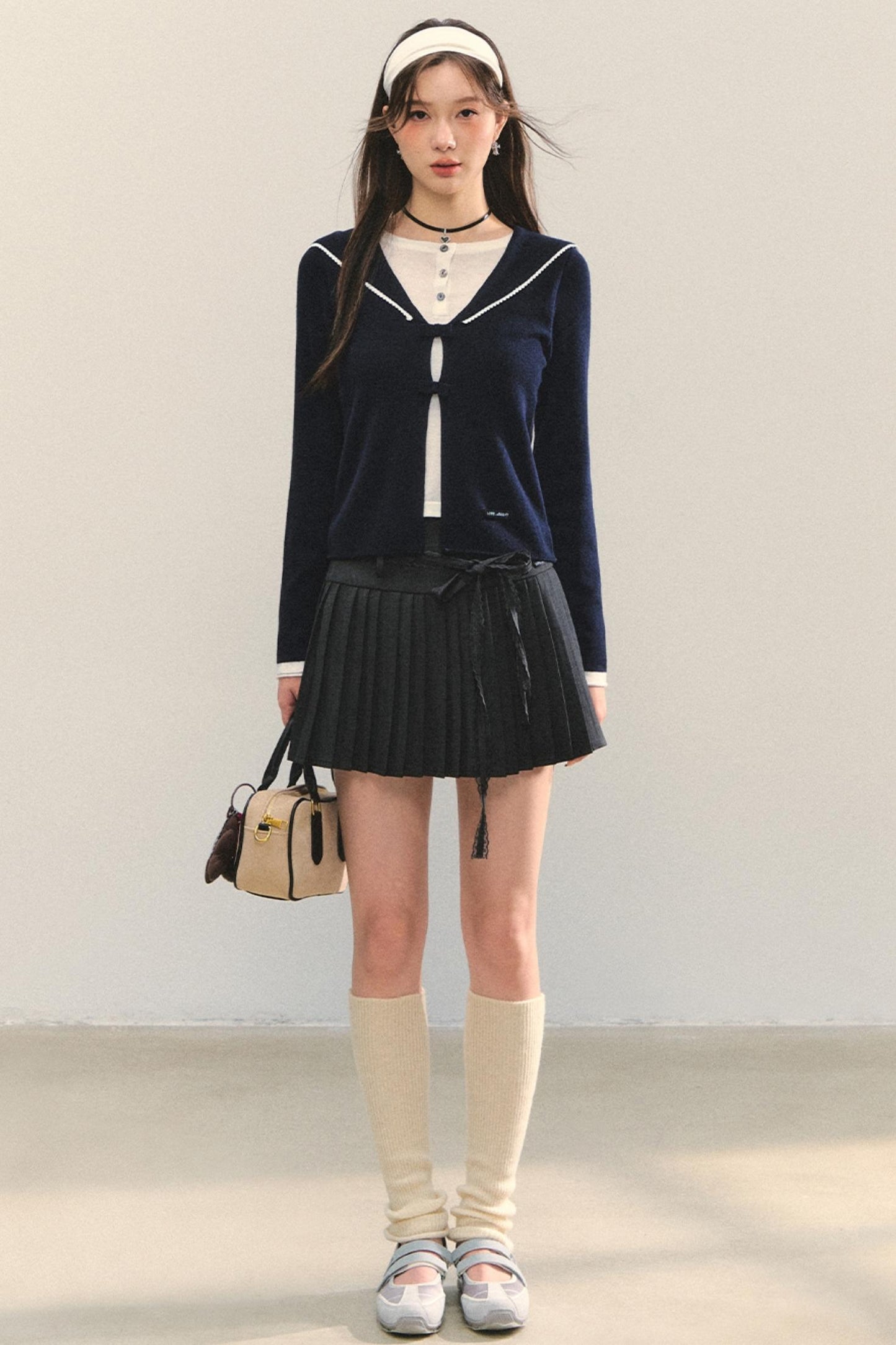Sweet Navy Neck Knit Cardigan