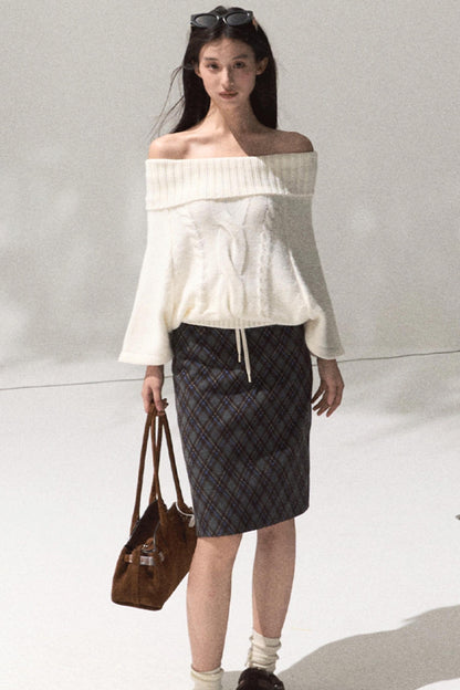Wool Twist Knit Cape Sweater Top Skirt Set-Up