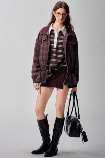 Red Plaid Autumn Waist Jacket