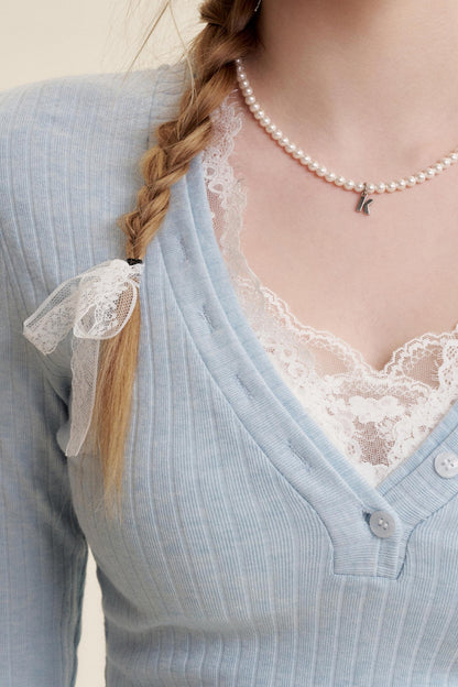 Lace V-Neck Knit Sweater Set-Up