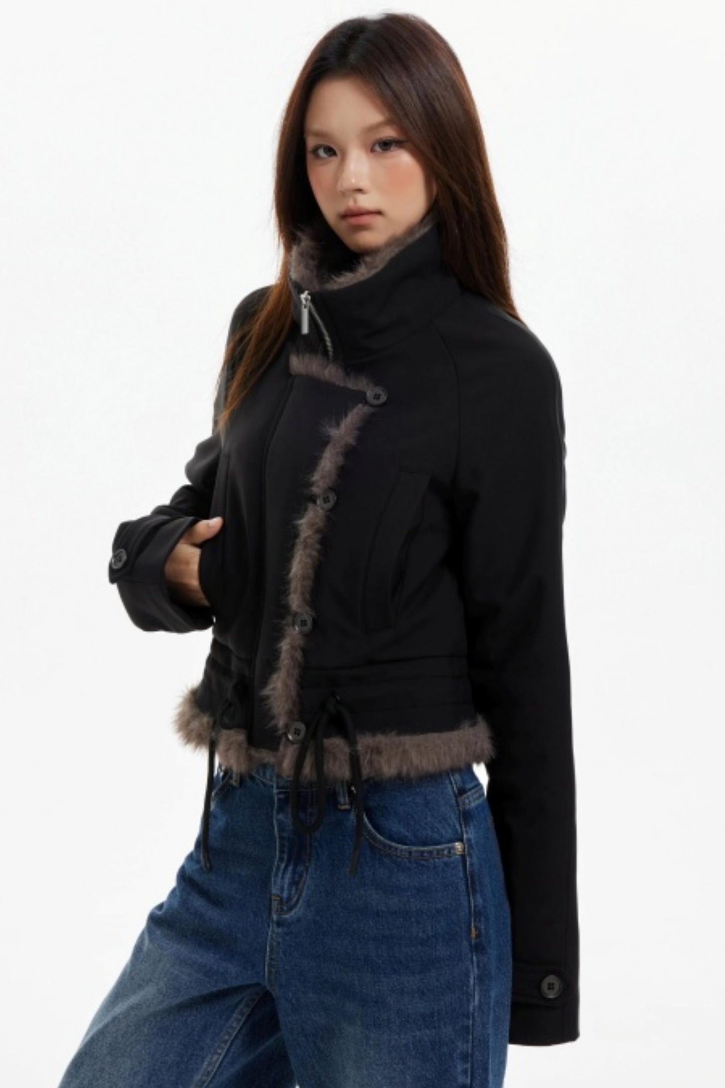 Plush Collar Slim Zippered Jacket