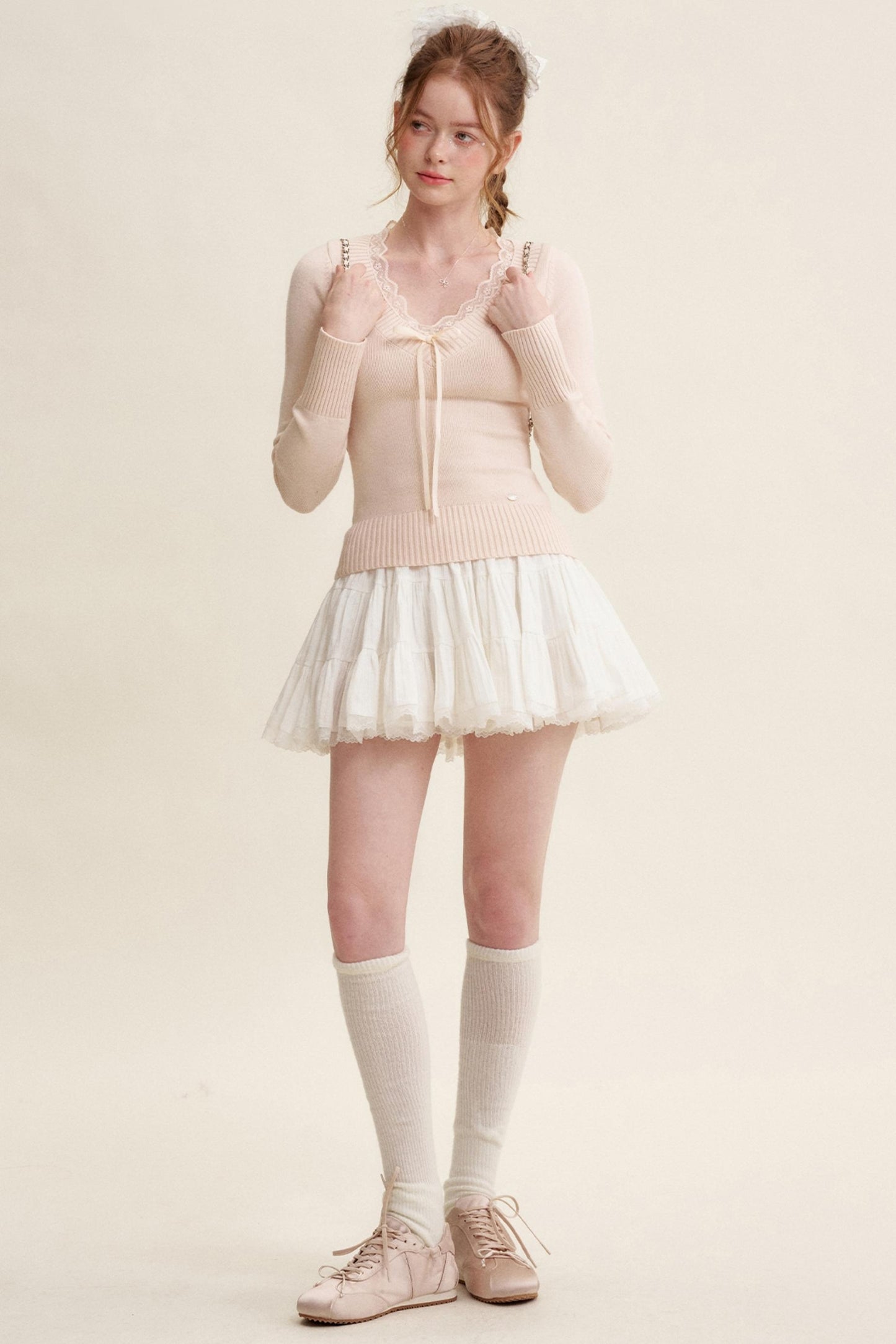 Peach Lace Sweater Tops