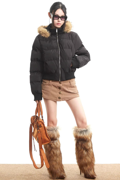 Printed Short Fur Collar Down Jacket