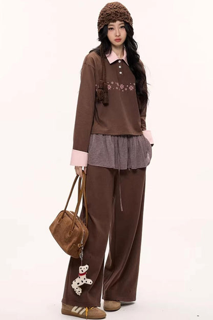 Peach Coffee Color Block Sweatshirt Set-Up