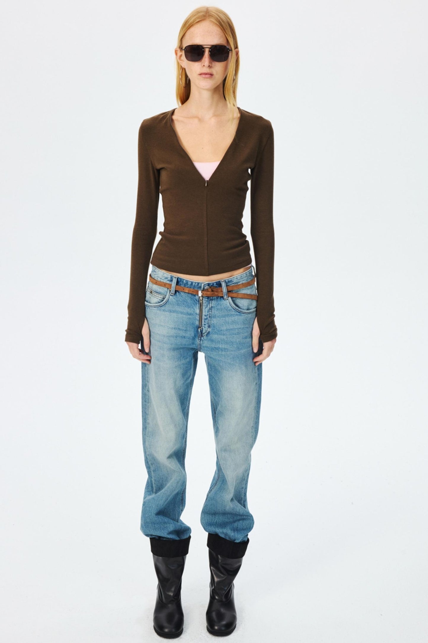 Narrow Suede Cowhide Brown Belt