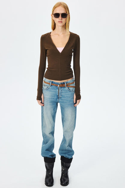 Narrow Suede Cowhide Brown Belt