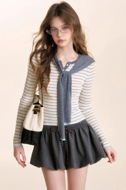 Color-Blocked Woolen Puff Skirt