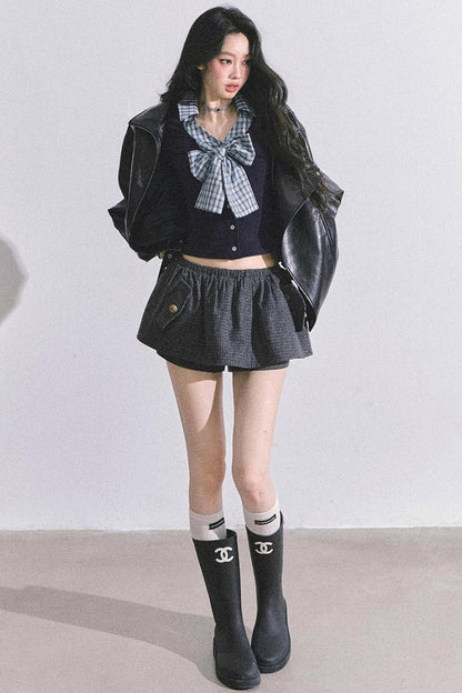 American Long-Sleeved Bow Plaid T-Shirt