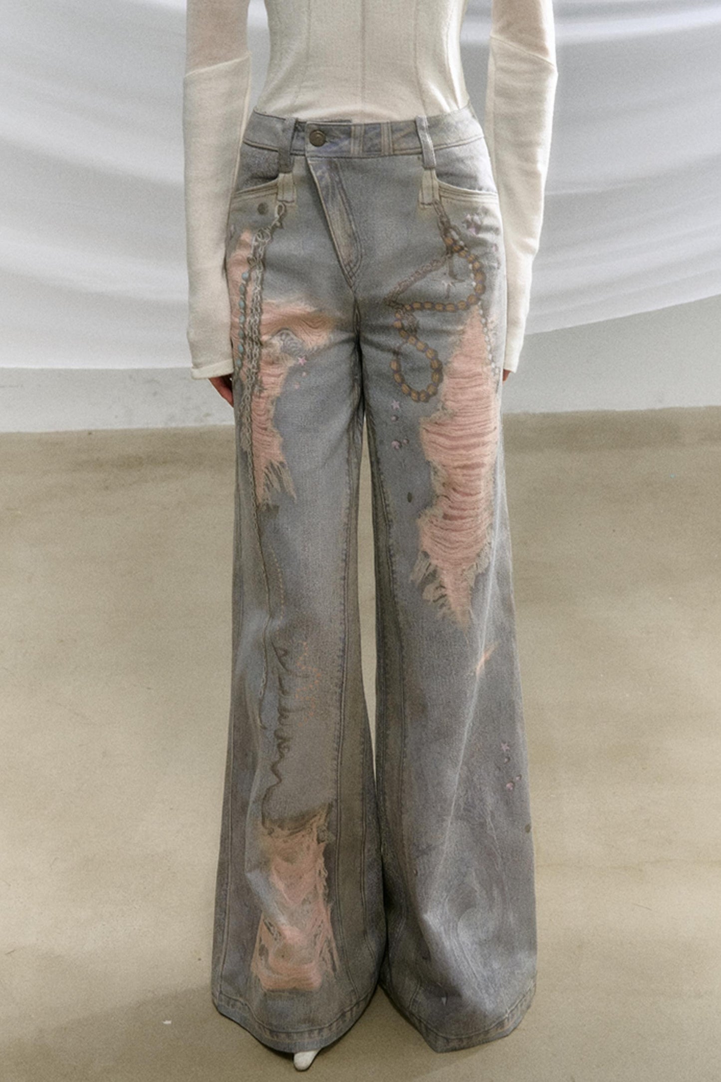 Ripped Faux-Denim Flared Pants