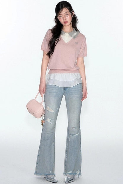 Preppy V-Neck Knit Top