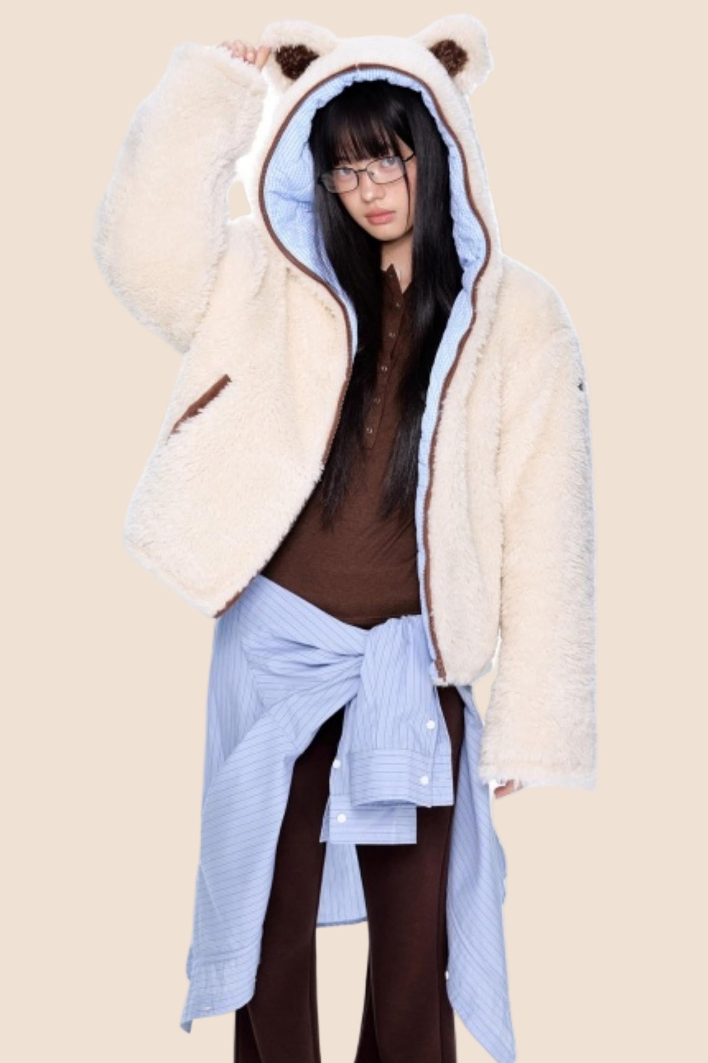 Ear-Flap Striped Faux Shearling Jacket