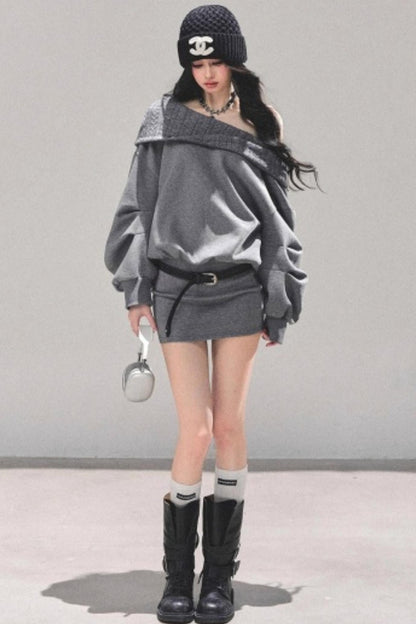 One Shoulder Grayscale Sweatshirt Dress