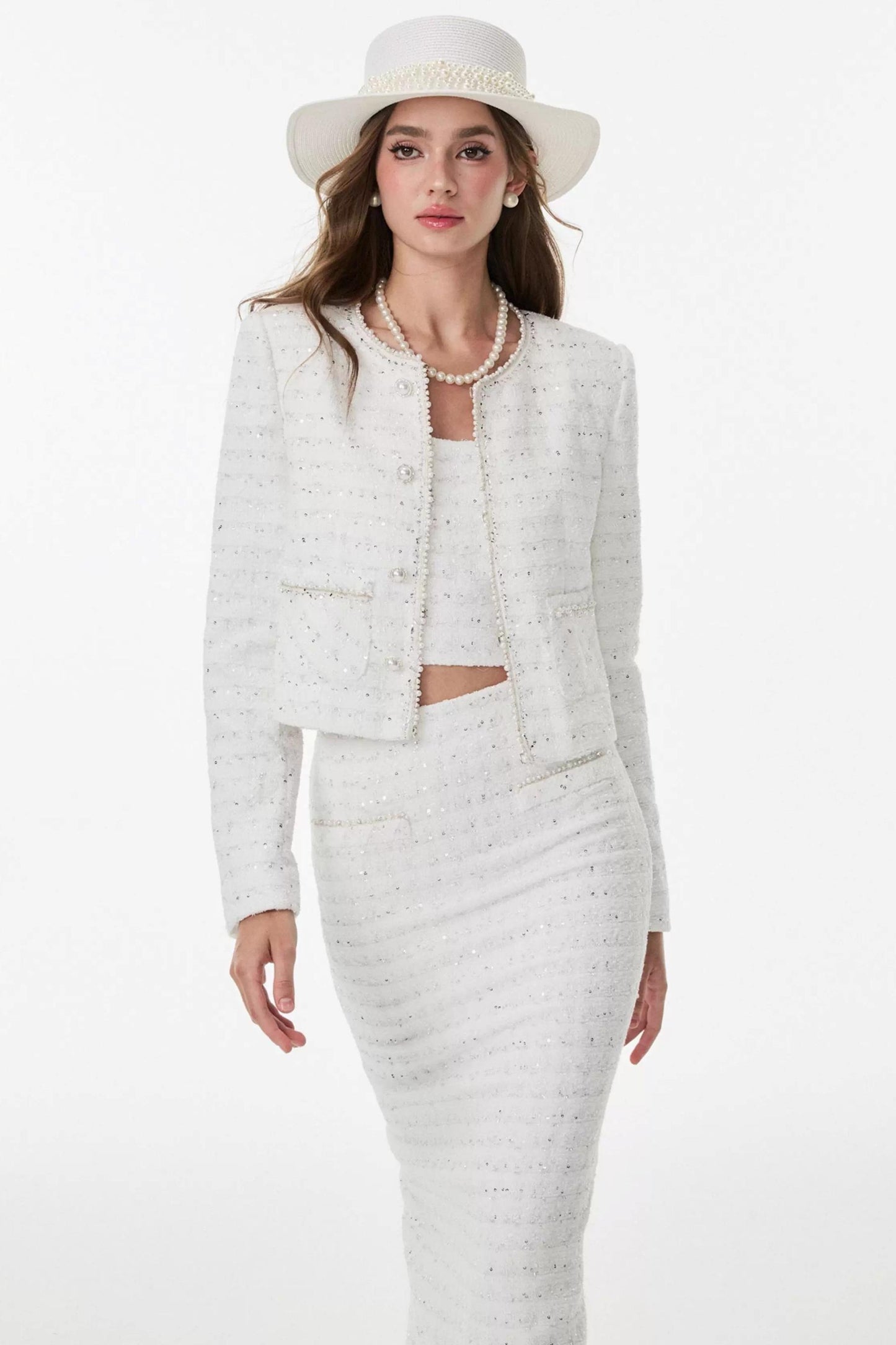 White Small Fragrance Three-Piece Slimming Jacket Set-Up