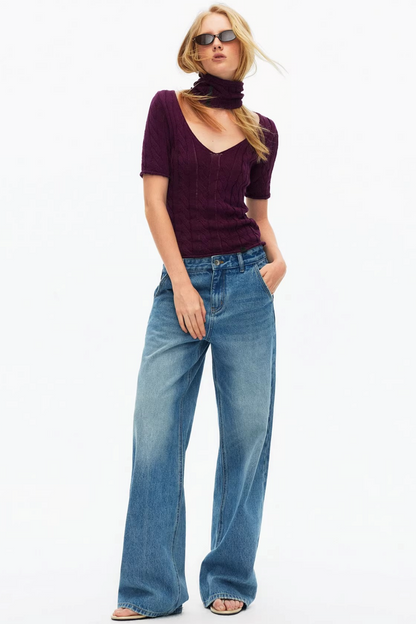Hollow-Out Knit V-Neck Top
