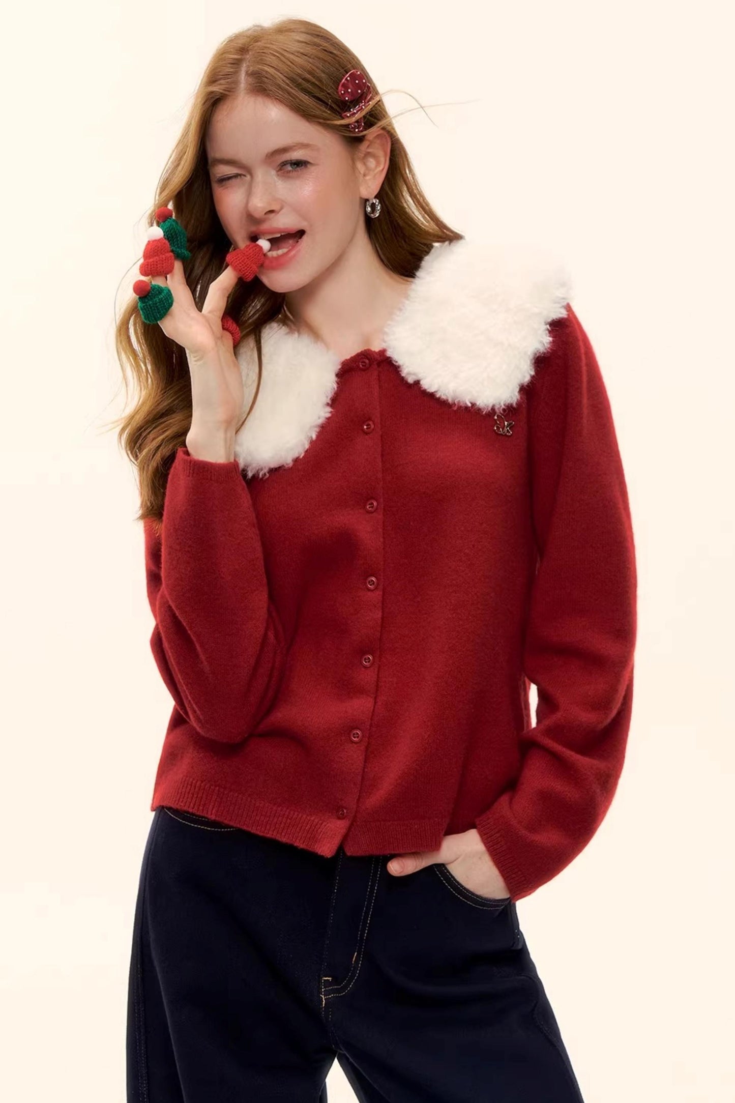 Wool Detachable Fur Collar Cardigan