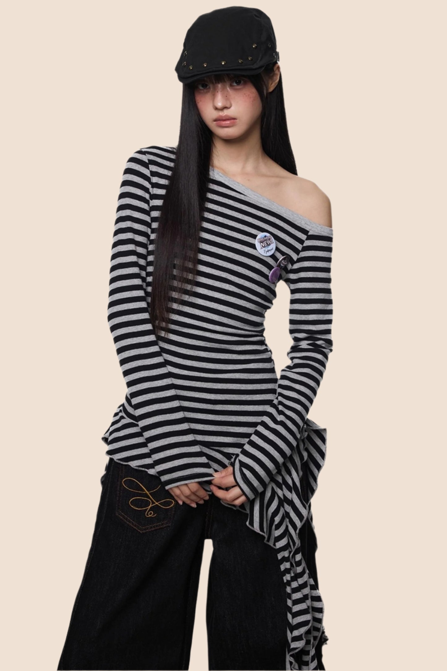 Tassel Detail Slanted Shoulder Top