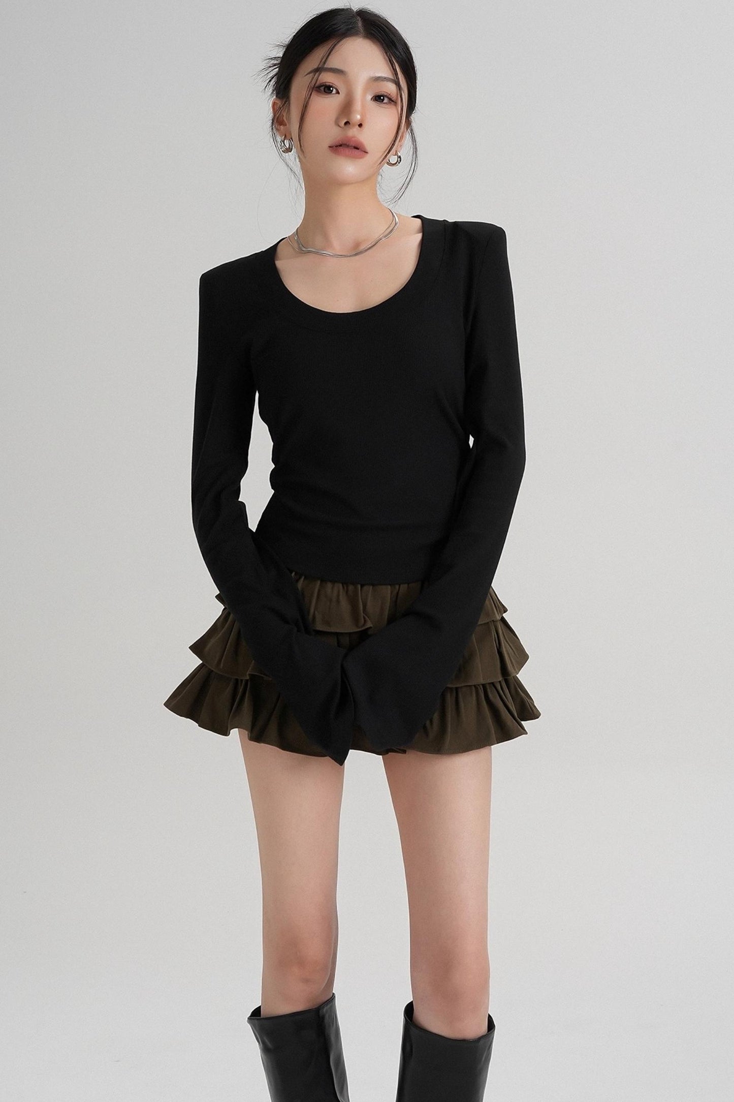 T-shirt amincissant à manches longues à taille ras du cou