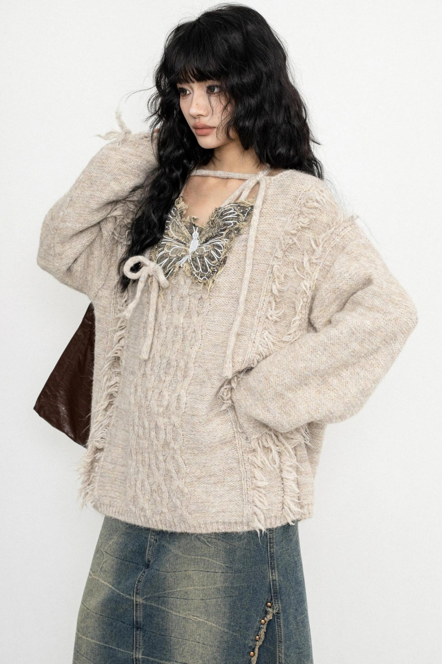 Fringe Lace-Up Butterfly Sweater