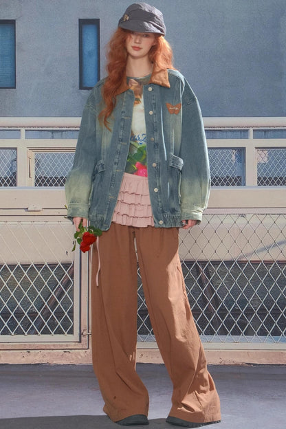 Bow Corduroy Collar Retro Denim Jacket