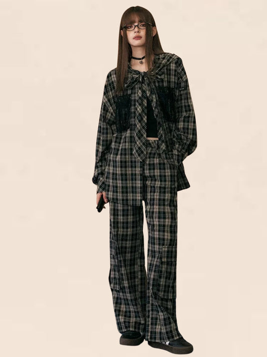 Vintage Plaid Hooded Two-Piece Set-Up