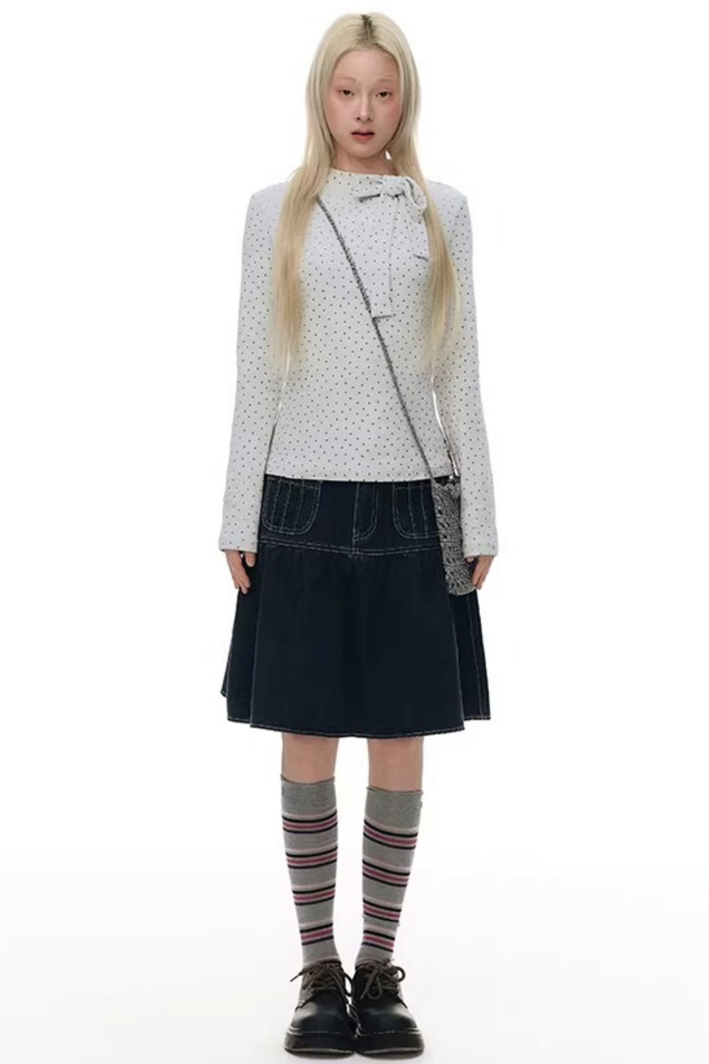 Pleated Denim A-Line Skirt