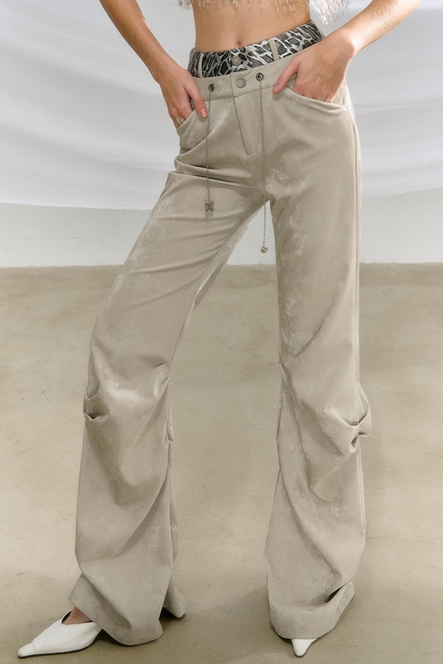 Glossy Leather Pleated Flared Pants