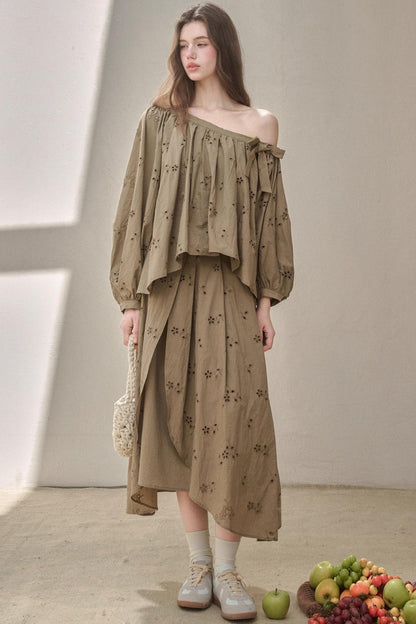 Embroidery Elegant Slanted Shoulder Skirt Set-Up