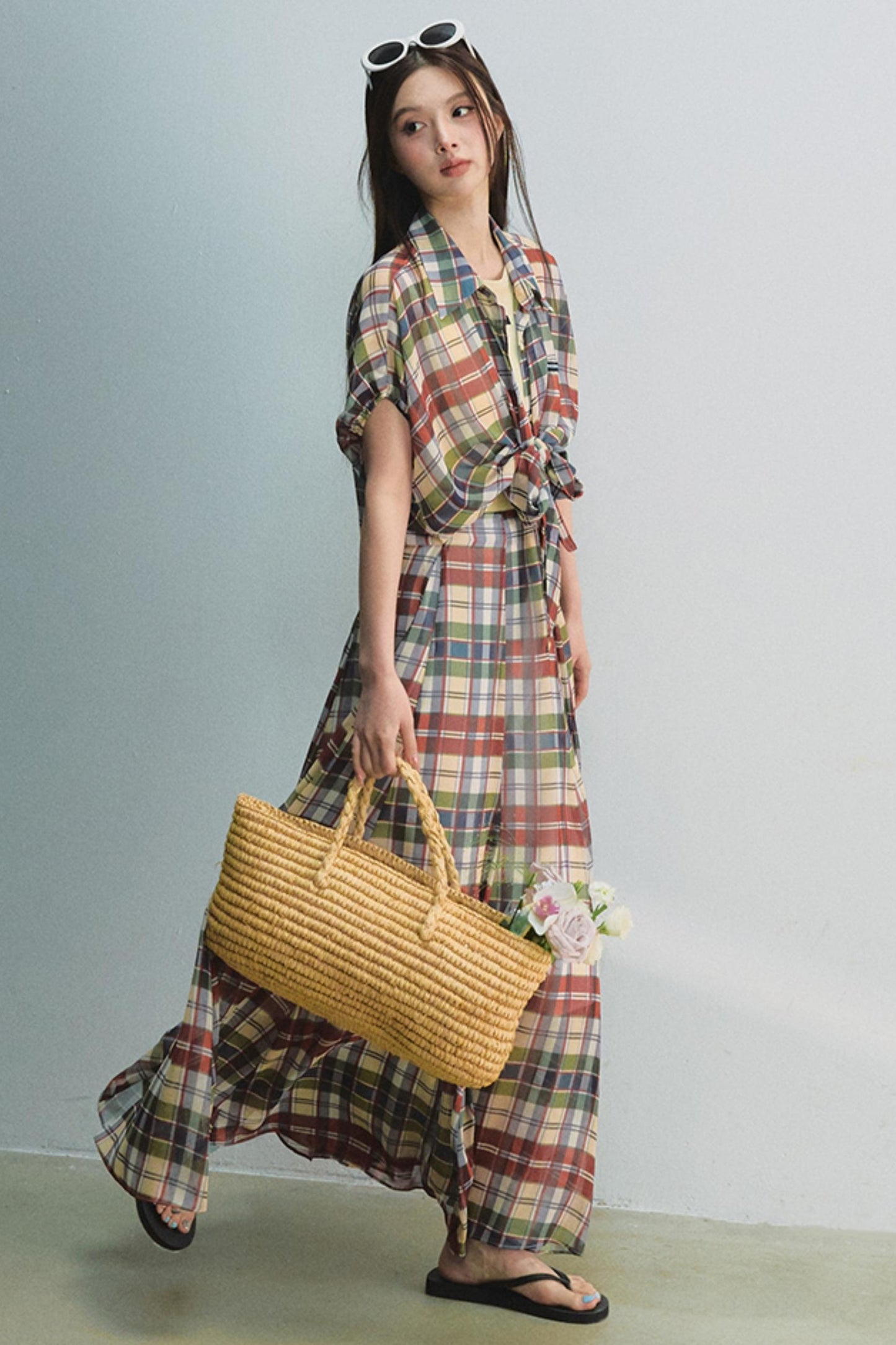 Plaid Tie Top & Midi Skirt Set-Up