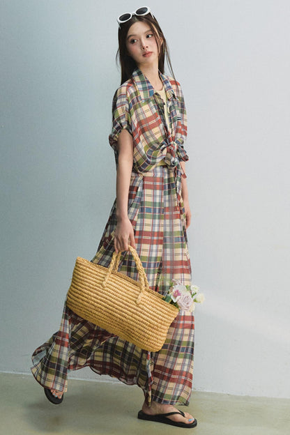 Plaid Tie Top & Midi Skirt Set-Up