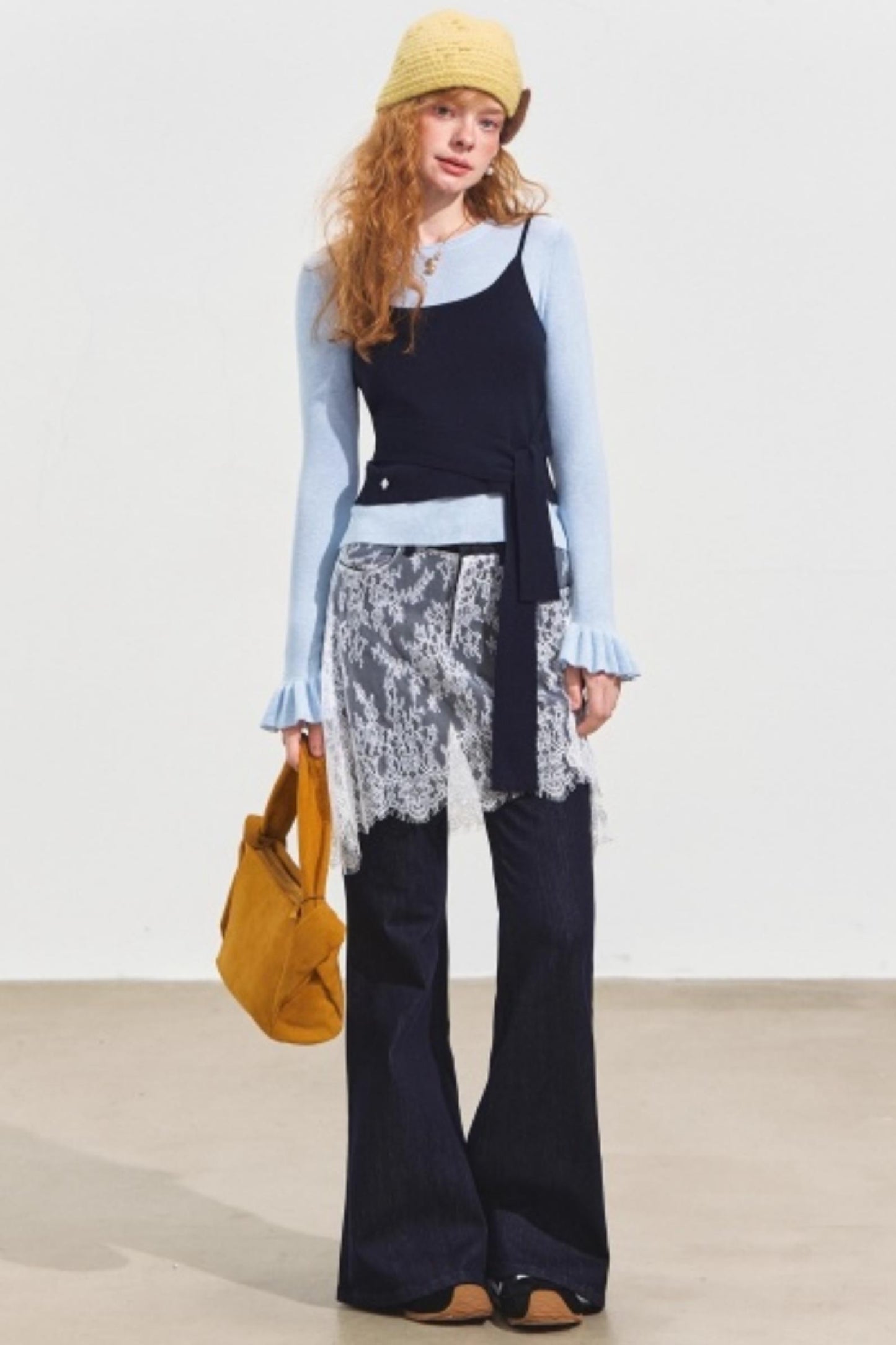 Fake Two Contrasting Tie-Up Sweater